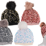 Chapeaux - Comfort cap with artifical fur pompom & sequins Glitter - OUT OF THE BLUE