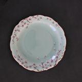 Tea and coffee accessories - Hand painted celadon round wave shaped small plate with sakura motif - YUKO KIKUCHI
