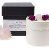 Candles - FOREVER - A RAW ROSE QUARTZ CRYSTAL INFUSED SCENTED TINY WHITE CERAMIC CANDLE 250ML - LOVE & STONES