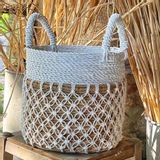 Paniers à linge - Panier naturel en Abaca, Raphia et macramé blanc (Bali) - PARMS3 - BALINAISA