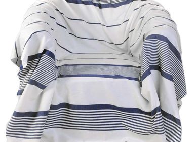Throw blankets - Square throw ref CB1 Background white with blue stripes - FOUTA FUTEE