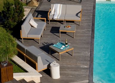 Fauteuils de jardin - Module d'angle pour salon de jardin Kallysta, réversible gauche / droite en teck massif avec pieds en aluminium thermo-laqué taupe et coussins en polyoléfine - EZEÏS
