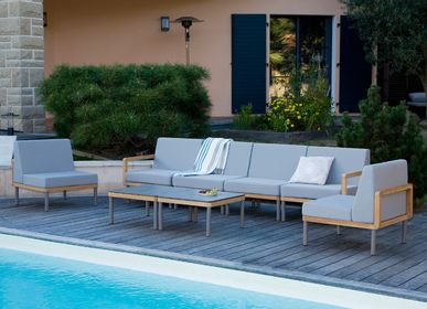 Lawn chairs - Kallysta central module for garden furniture in solid teak with taupe thermo-lacquered aluminium legs and polyolefin cushions - EZEÏS