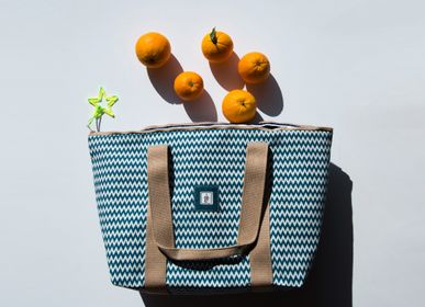Sacs de sport - Vagues bleues avec sangle beige Handbag Beachbag Weekender - THE LUNCHBAGS