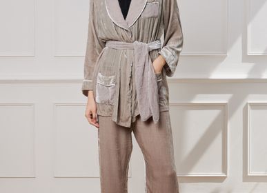 Homewear - Velvet Piped Short Robe with belt | Cool Grey - THE ANNAM HOUSE