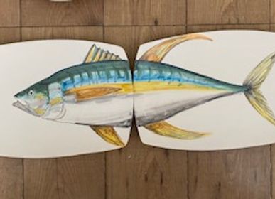 Assiettes de réception  - Paire de plateaux de sushi en céramique peinte à la main 38x22 cm, « le poisson en deux ». - CERASELLA CERAMICHE