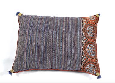 Fabric cushions - Indigo Bani Jamra and Ajrak Silk Cushion Set  - DESIGN BY ART SELECT