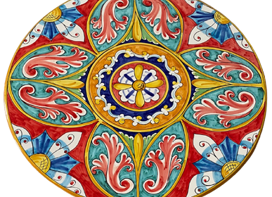 Tables de jardin - Table ronde en grès peint à la main de style Vietri avec pied en fer artistique diamètre 80 cm - CERASELLA CERAMICHE