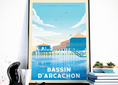 Affiches - AFFICHE VOYAGE VINTAGE BASSIN ARCACHON FRANCE | POSTER ILLUSTRATION CABANES TCHANQUEES - OLAHOOP TRAVEL POSTERS