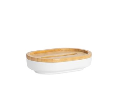 Porte-savons - Porte-savon en polyrésine blanche et bois de bambou 13x8,5x3 cm BA22151 - ANDREA HOUSE