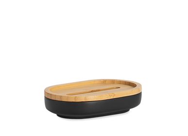 Soap dishes - Black soap dish made of polyresin and bamboo wood 13x8,5x3 cm BA22161  - ANDREA HOUSE