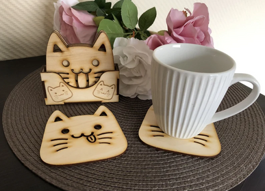 Gifts - Set of 6 Wooden Cat Coasters Housewarming Gift - BHDECOR