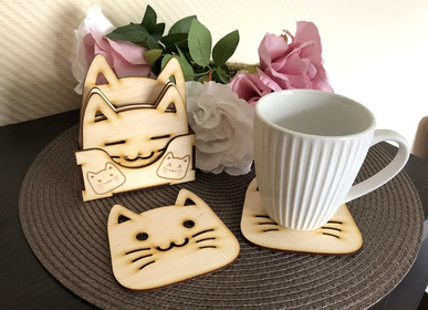 Gifts - Set of 6 Wooden Cat Coasters Housewarming Gift - BHDECOR