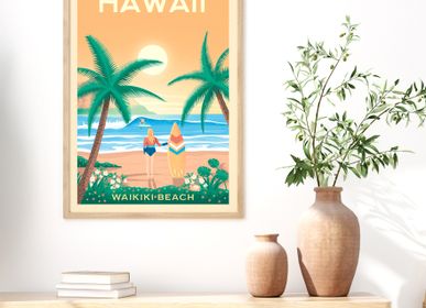Affiches - AFFICHE VOYAGE VINTAGE HAWAII WAIKIKI BEACH | POSTER ILLUSTRATION SURF - OLAHOOP TRAVEL POSTERS