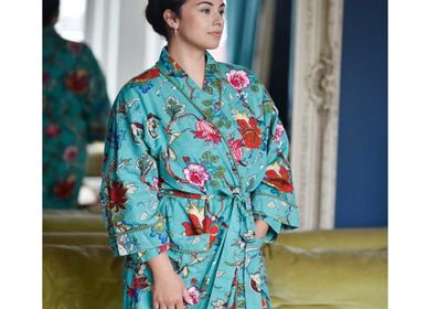 Sleepwear - DG415 Teal exotic flower printed dressing gown - POWELL CRAFT