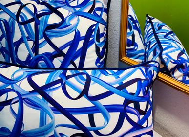 Fabric cushions - Blue “Ribbons” cotton cushion  - AMÉLIE CHOQUET