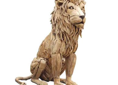 Sculptures, statuettes et miniatures - Lion Assis façon Ecorce De Bois - GRAND DÉCOR