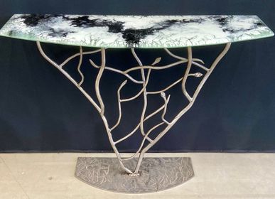 Console table - Forged metal root console and fusin glass top - RECYCLAGE DESIGN RÉANIMATEUR D'OBJETS R & D