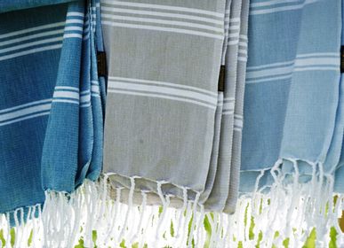 Other bath linens - ORGANIC COTTON FOUTAS - HAMMAM Collection - WHITE & OCEAN Color 100 x 200 cm - KARAWAN AUTHENTIC