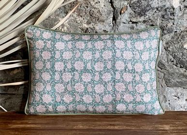 Fabric cushions - Lakhi Pink and Green Flower Cushion Cover - TERRE AMBRÉE