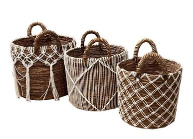 Caskets and boxes - Set of 3 assorted baskets in Abaca and white macrame (Bali) SPAMB3 - BALINAISA