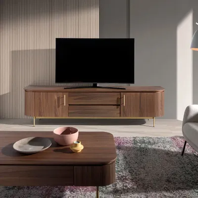 Sideboards - TV stand in walnut wood and golden steel - ANGEL CERDÁ