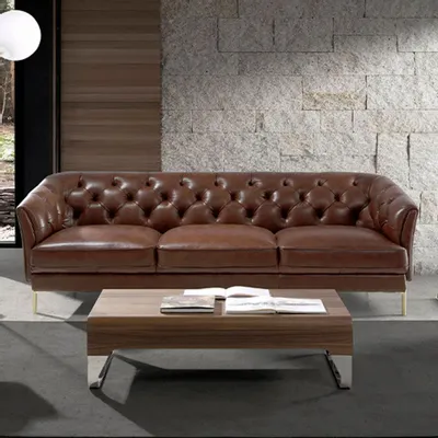 Sofas - 3 seater tobacco brown leather in quilted upholstery sofa - ANGEL CERDÁ