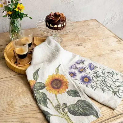 Dish towels - ASTER & SUNFLOWERS  ǀ 100% Linen Kitchen Towels - LINOROOM 100% LINEN TEXTILES