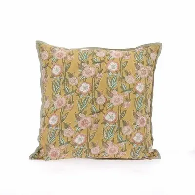 Coussins textile - PENSEE Eté  Housse de coussin 45x45 cm PENSEES COTON OCRE - EN FIL D'INDIENNE...