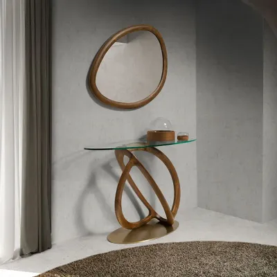 Console table - Tempered glass and walnut oval console table - ANGEL CERDÁ