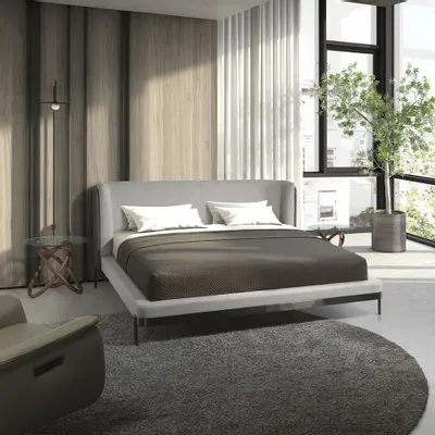 Lits - Lit en tissu gris clair et croûte de cuir gris foncé - ANGEL CERDÁ