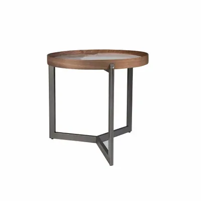 Coffee tables - Round coffee table in porcelain marble, walnut and dark metallic steel - ANGEL CERDÁ