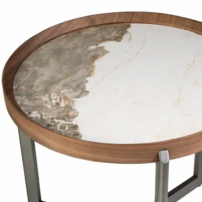 Coffee tables - Round coffee table in porcelain marble, walnut and dark metallic steel - ANGEL CERDÁ