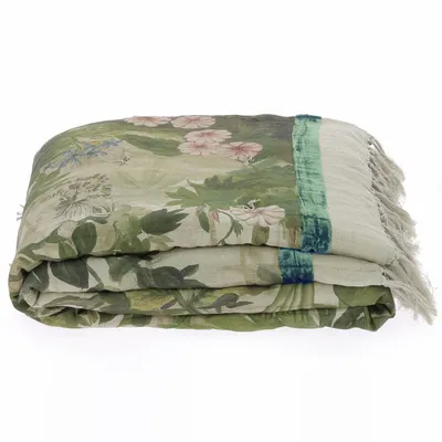 Linge de lit - COCHIN Plaid en lin imprimé Ananbo 140x250 cm CELADON - EN FIL D'INDIENNE...