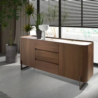 Sideboards - Walnut and dark metallised steel sideboard with porcelain marble top - ANGEL CERDÁ