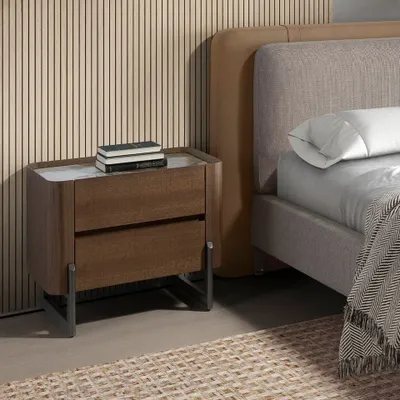 Night tables - Walnut and metallised dark steel bedside table with porcelain marble top - ANGEL CERDÁ