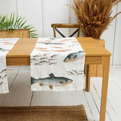 Linge d'office - Poisson de Mer  ǀ  Chemin de table en 100% lin lavé - LINOROOM 100% LINEN TEXTILES