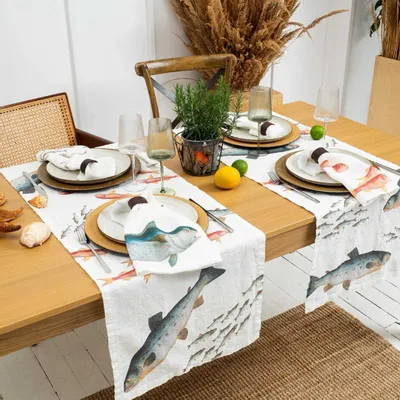 Linge d'office - Poisson de Mer  ǀ  Chemin de table en 100% lin lavé - LINOROOM 100% LINEN TEXTILES