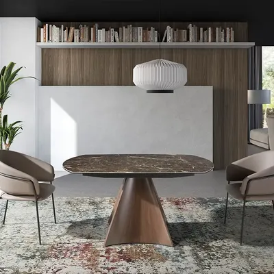 Dining Tables - Oval Barrel porcelain marble and walnut effect steel dining table - ANGEL CERDÁ