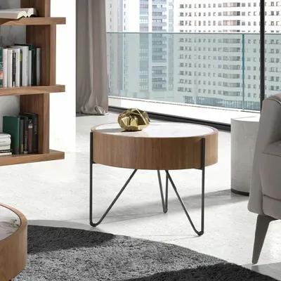 Tables basses - Table d'angle ronde en marbre porcelaine, noyer et acier noir - ANGEL CERDÁ