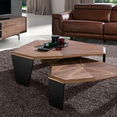 Coffee tables - Asymmetrical walnut and black pvc coffee table - ANGEL CERDÁ