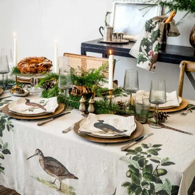 Table cloths - Linen Tablecloth │ FOREST BIRDS - LINOROOM 100% LINEN TEXTILES