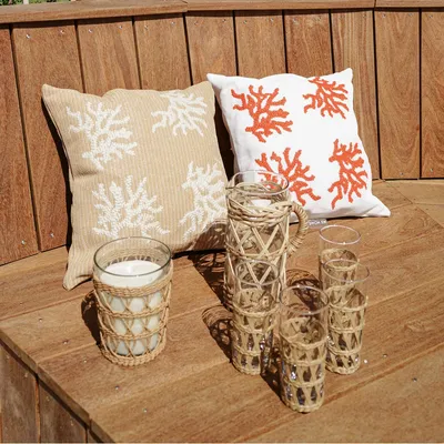 Outdoor decorative accessories - White outdoor cushion with orange coral embroidery - MX HOME