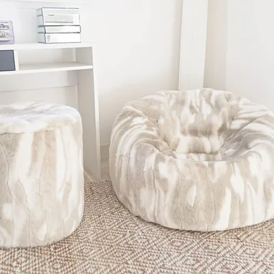 Chaises de jardin - Pouf en fausse fourrure beige et blanche - MX HOME