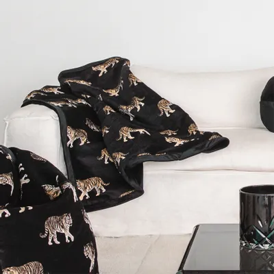 Garden textiles - Black velvet blanket with embroidered tigers - MX HOME