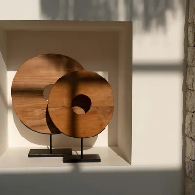 Decorative objects - The Teak Disc on Stand - L - BAZAR BIZAR LIVING