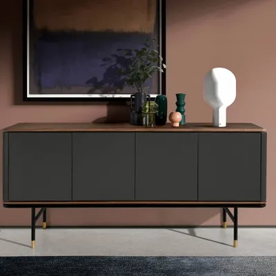 Sideboards - Sideboard in dark grey wood, black steel and walnut top - ANGEL CERDÁ