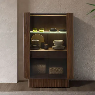 Sideboards - Tall sideboard in tempered glass, walnut with interior lighting - ANGEL CERDÁ