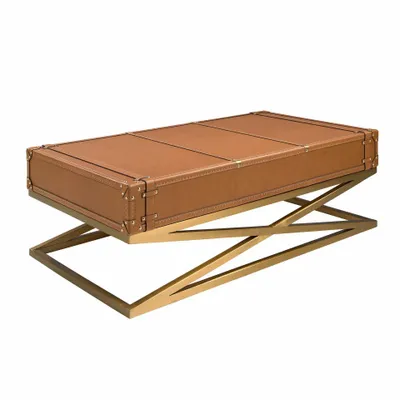 Coffee tables - Rectangular leather and golden steel coffee table - ANGEL CERDÁ