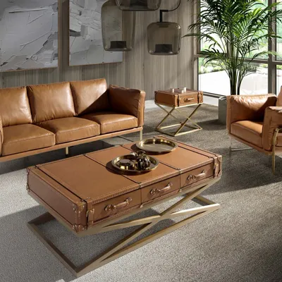Coffee tables - Rectangular leather and golden steel coffee table - ANGEL CERDÁ
